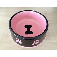 Skull Ceramic Dog Bowl - Black & Pink Small
